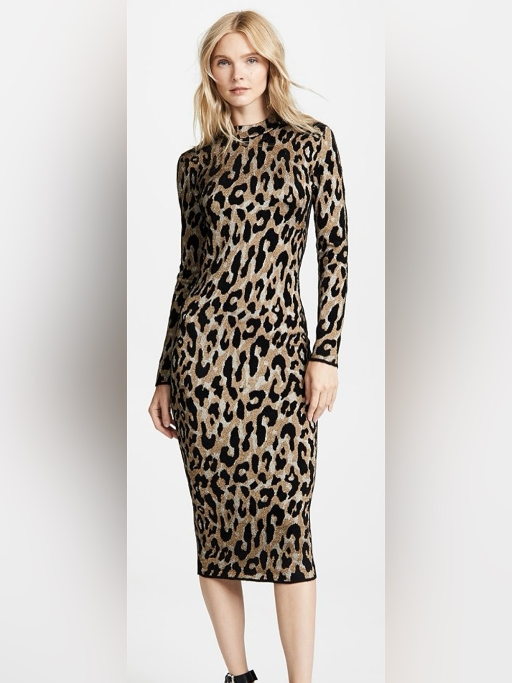 Versace Leopard-Print Long Sleeve Bodycon Dress in Black & Tan, IT38
